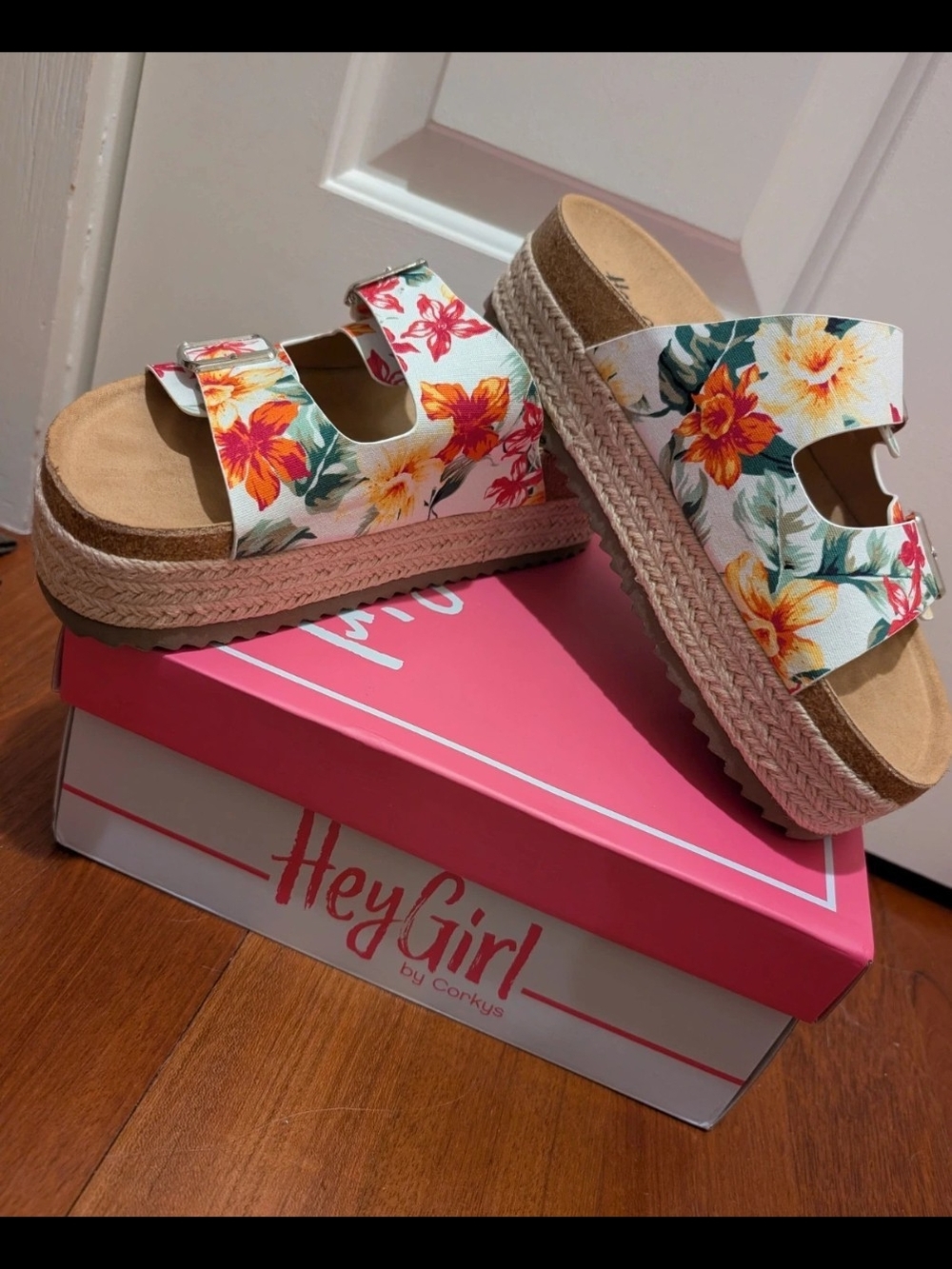 Corkys Floral Platform Sandals - White with Orange & Yellow Flowers